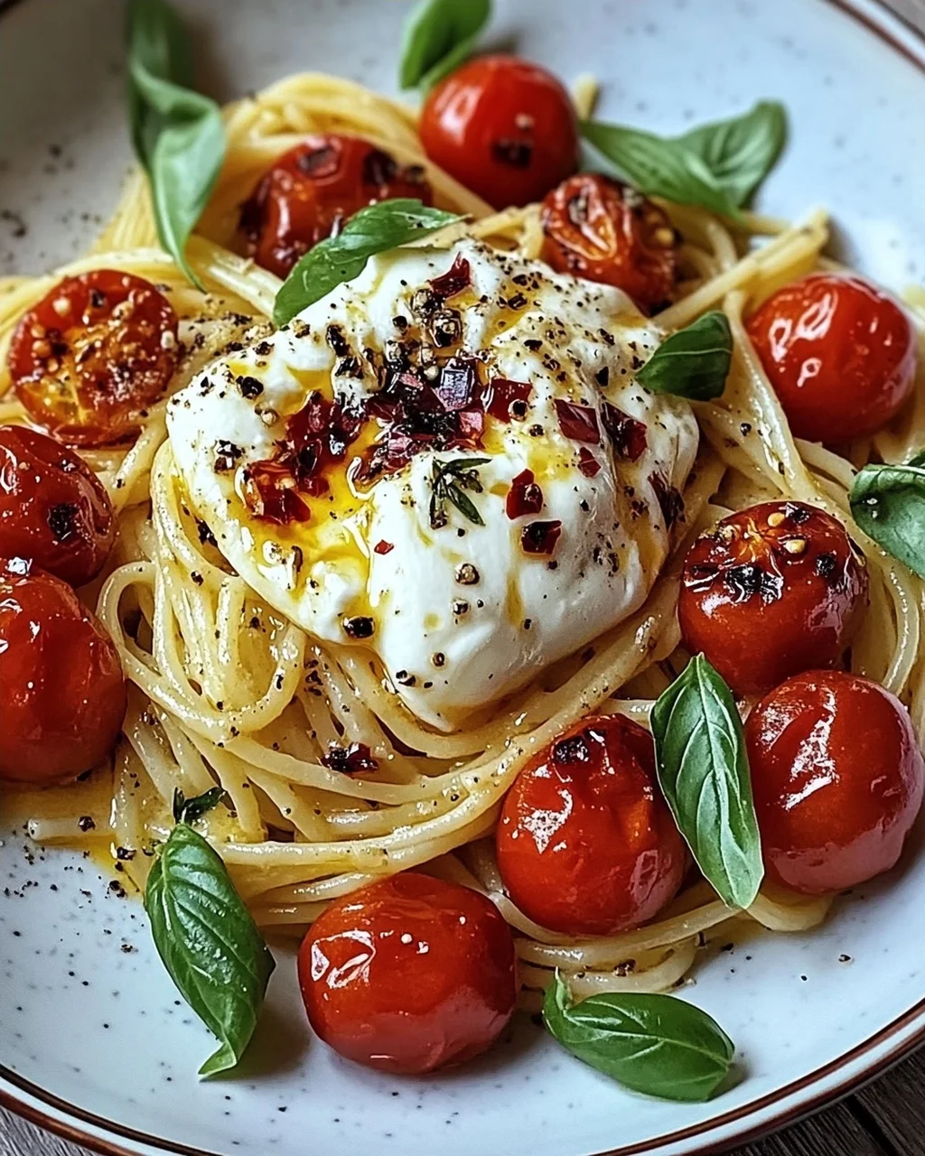 Burrata Pasta mit Tomaten aus dem Ofen