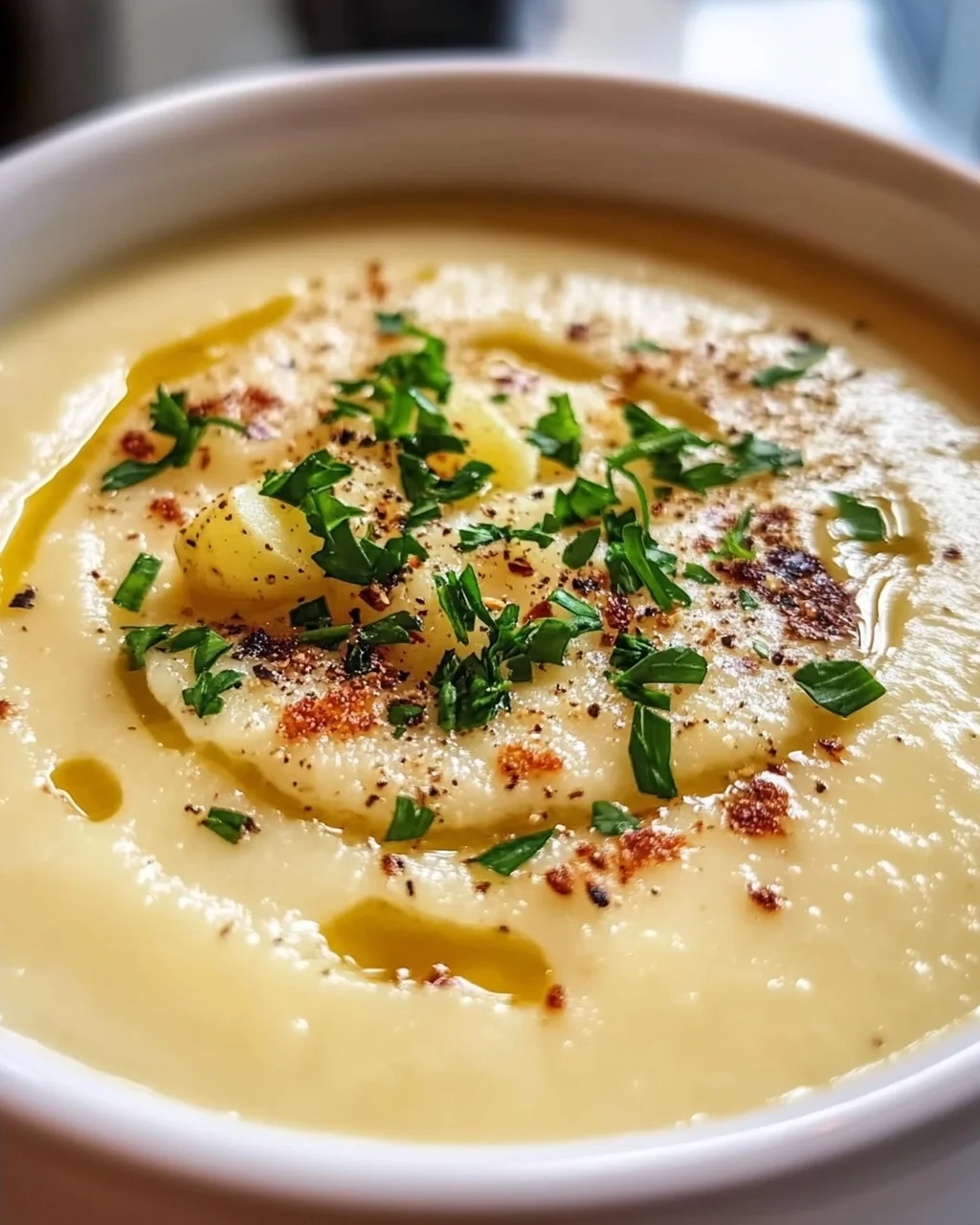 Cremige Kartoffelsuppe mit geröstetem Knoblauch Rezept