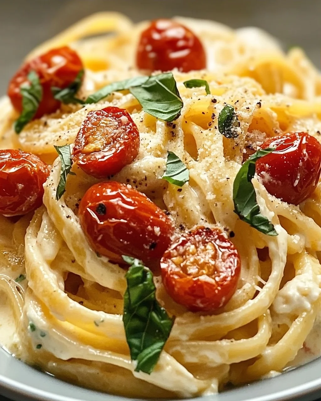 Cremige Ricotta Pasta mit gerösteten Tomaten & Knoblauch
