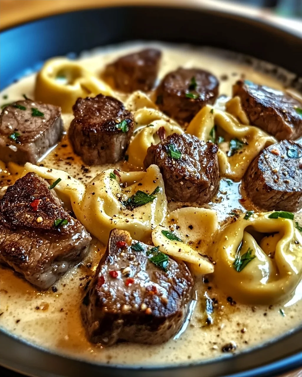 Knoblauchsteak-Tortellini in Sahnehause-Saucen-Glück