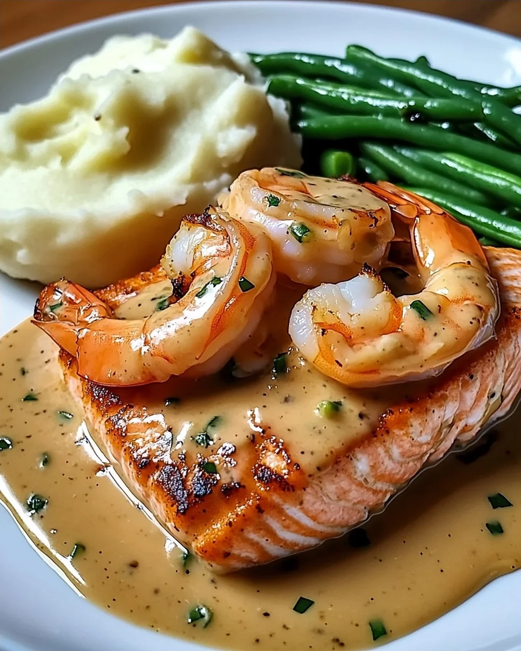 Kreolische Garnelen und Lachs mit Knoblauch-Sahnesauce