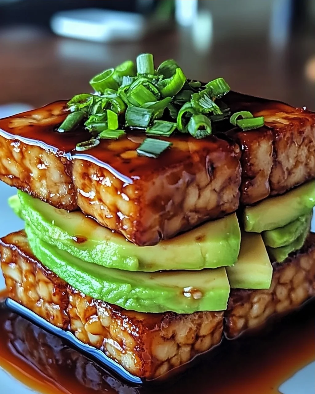 Krosse Teriyaki-Tofu- und Avocado-Reis-Stapel für Zuhause