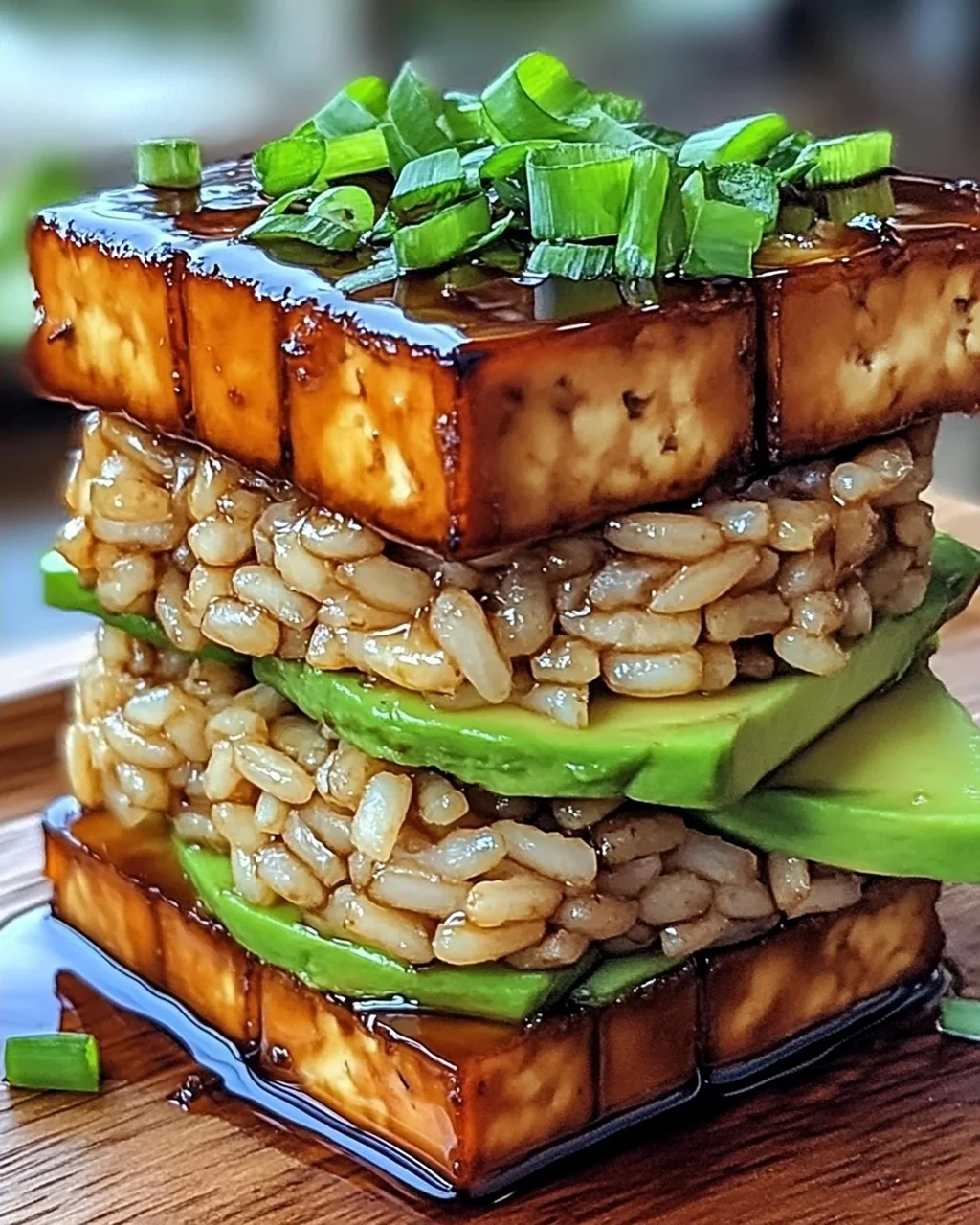 Krosse Teriyaki-Tofu- und Avocado-Reis-Stapel für Zuhause