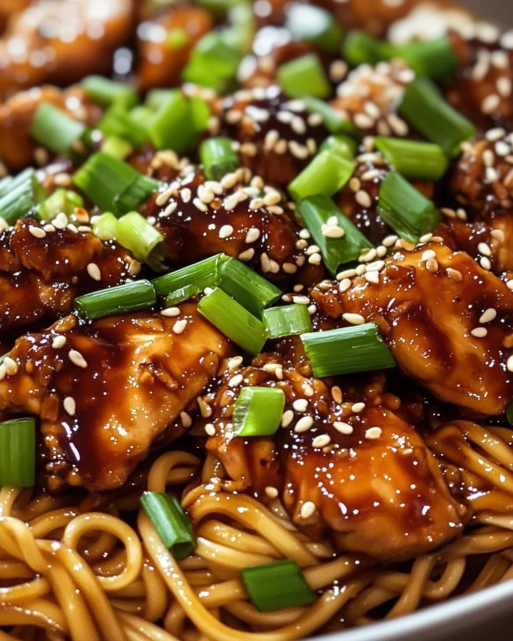 Leckere Hähnchen Teriyaki Nudeln mit Sesam & Frühlingszwiebeln