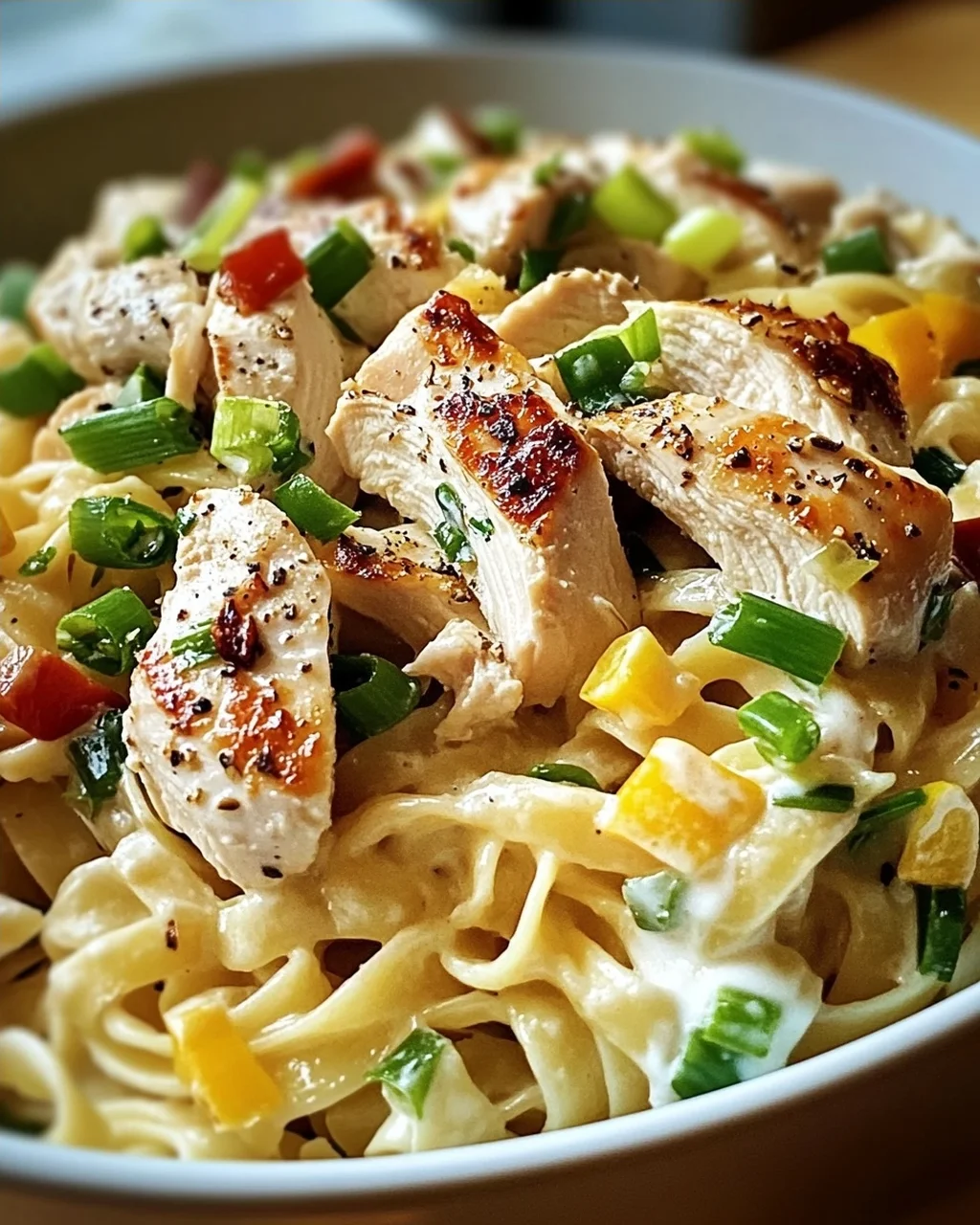 Nudel-Hähnchensalat mit Frühlingszwiebeln