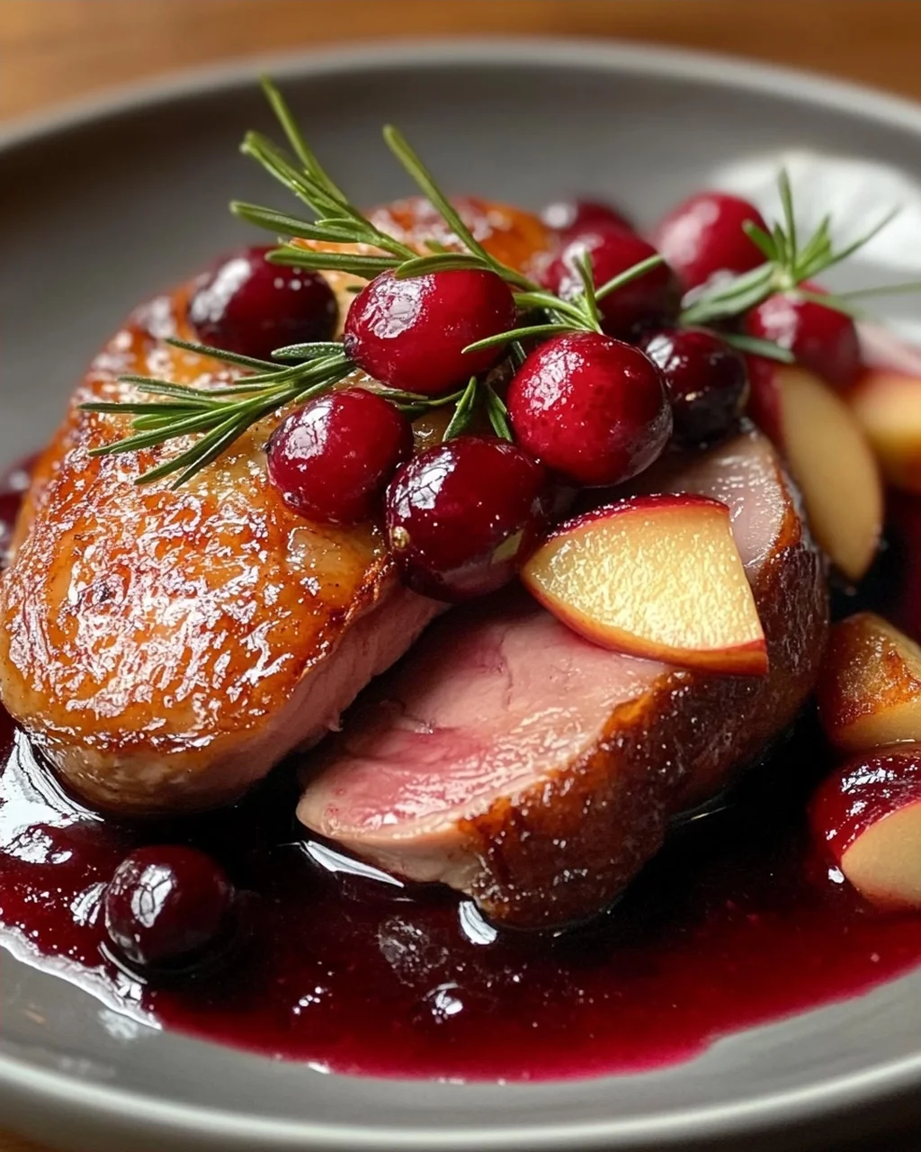 Perfekt knusprige Entenbrust auf fruchtiger Cranberry-Apfel-Soße