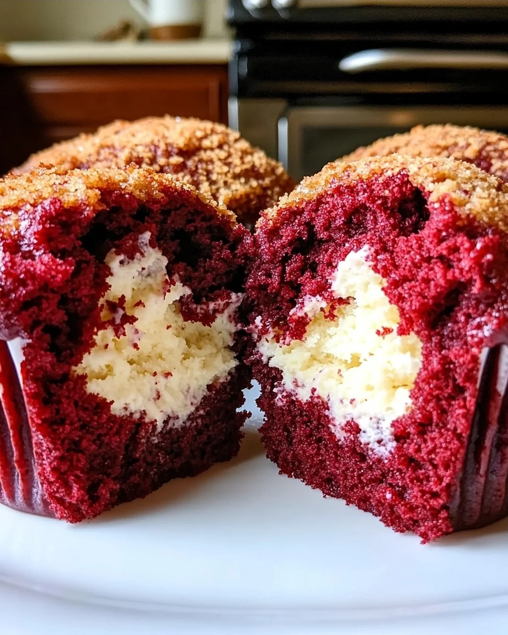 Rote Samtmuffins mit Frischkäsefüllung genießen
