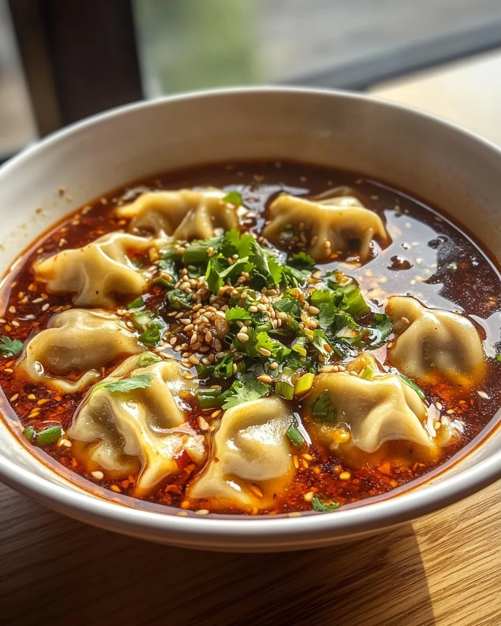 Scharfe Sichuan Wonton Suppe mit feuriger Chili-Knoblauch-Sauce