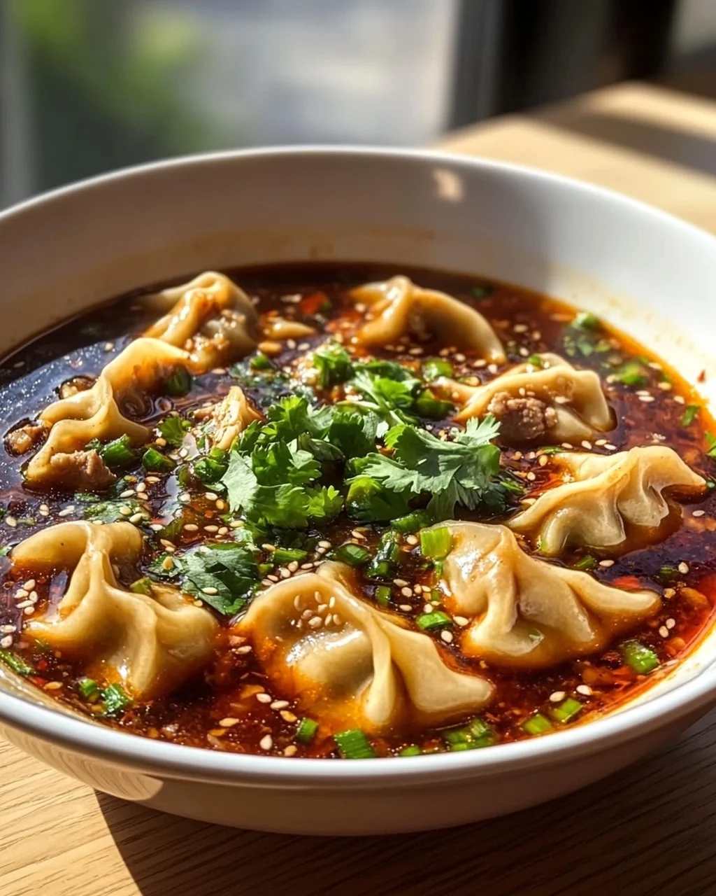 Scharfe Sichuan Wonton Suppe mit feuriger Chili-Knoblauch-Sauce