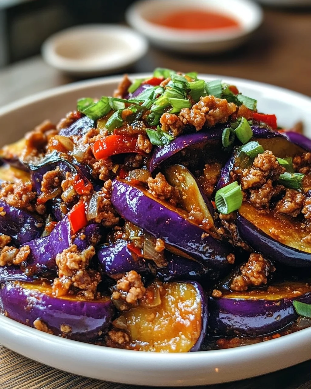 Scharfe Szechuan-Auberginen-Pfanne mit Rinderhackfleisch