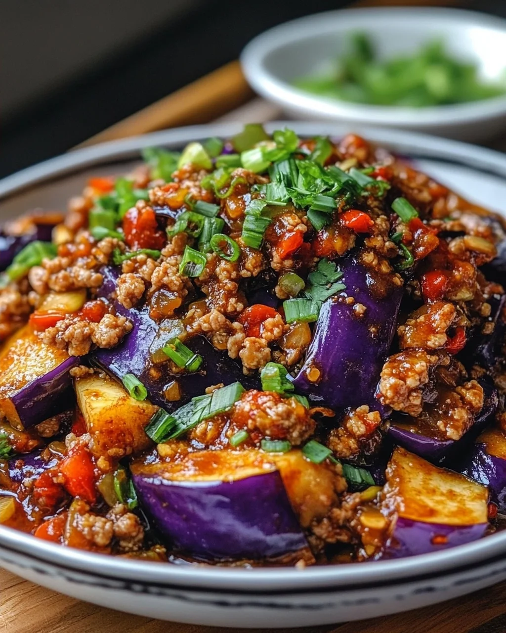 Scharfe Szechuan-Auberginen-Pfanne mit Rinderhackfleisch