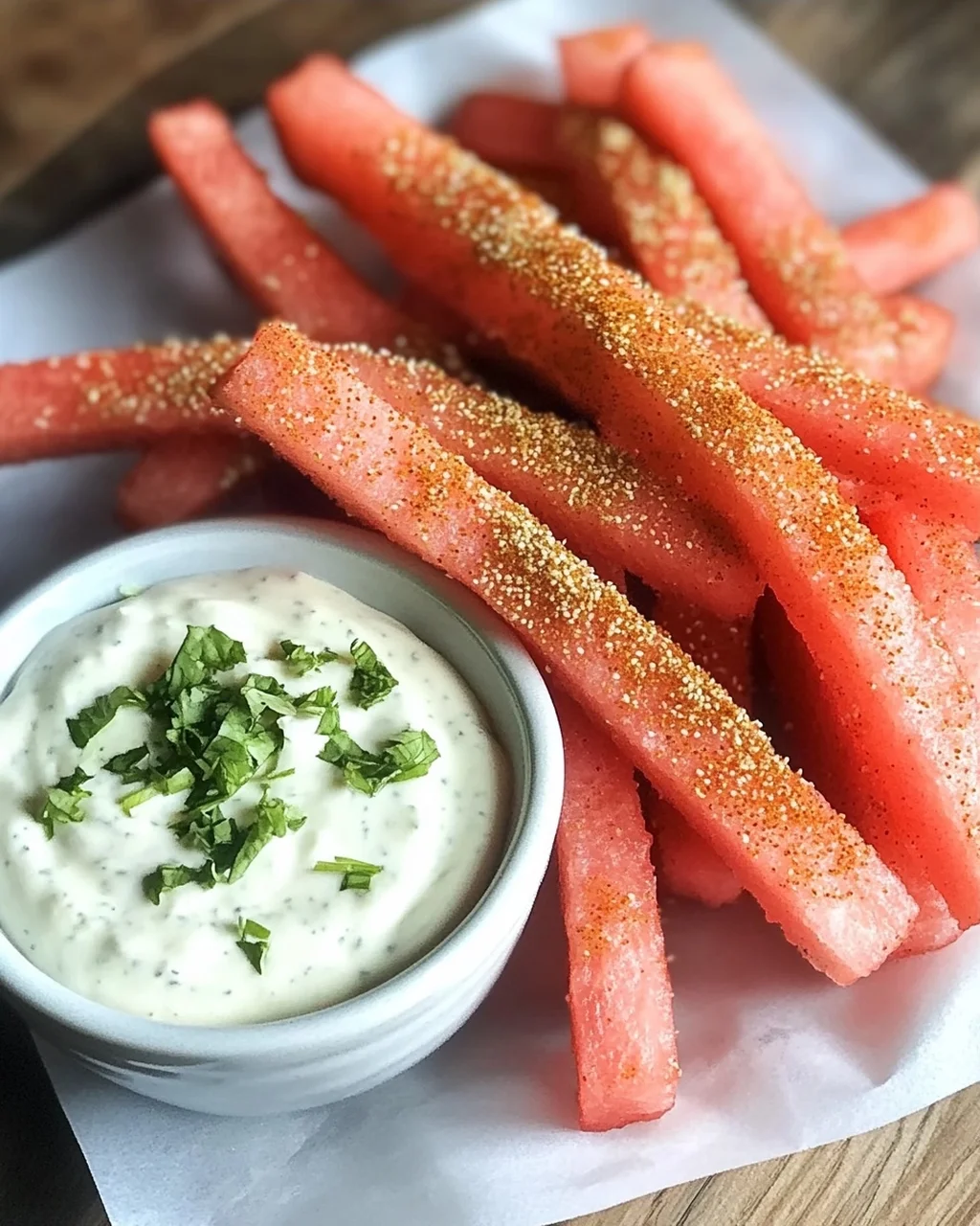 Scharfe Wassermelonen-Pommes mit Kokos-Limetten-Dip
