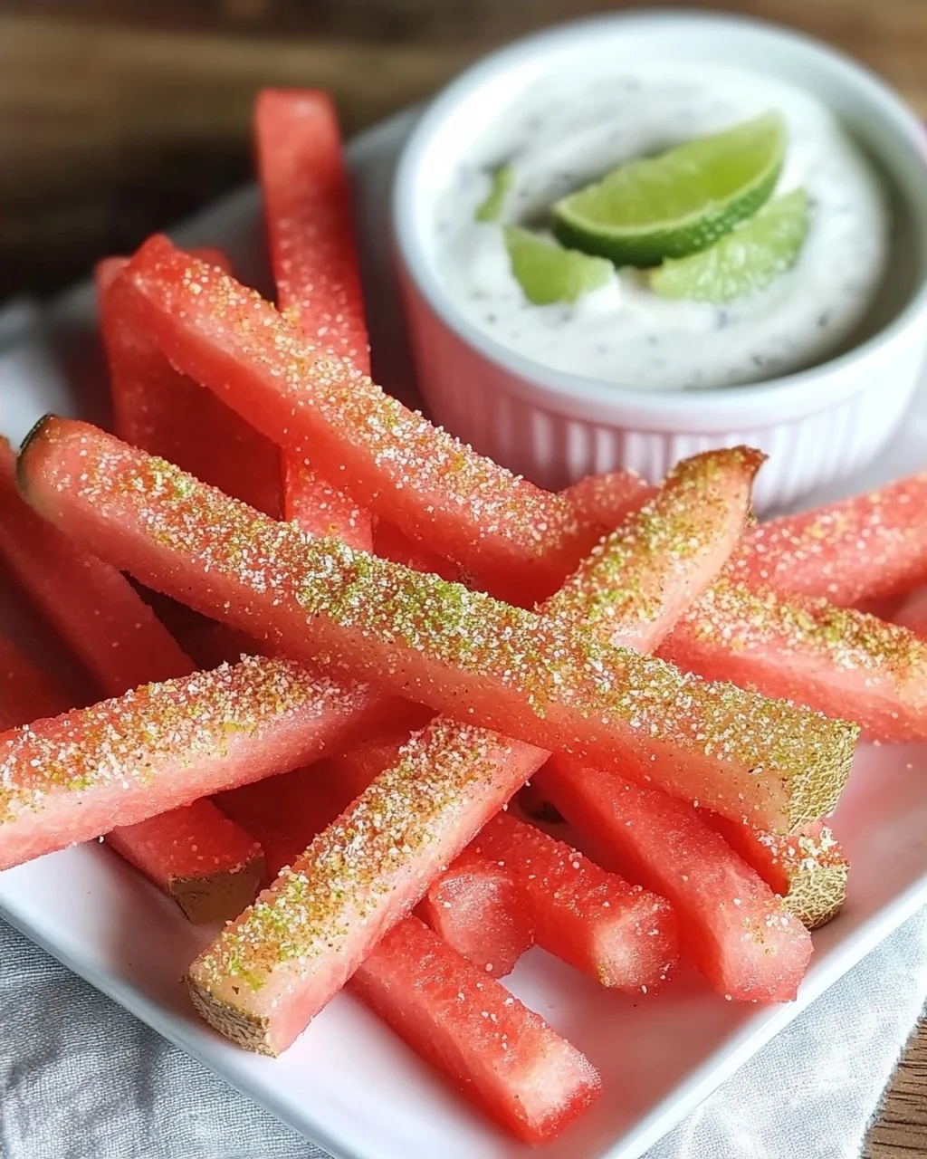 Scharfe Wassermelonen-Pommes mit Kokos-Limetten-Dip