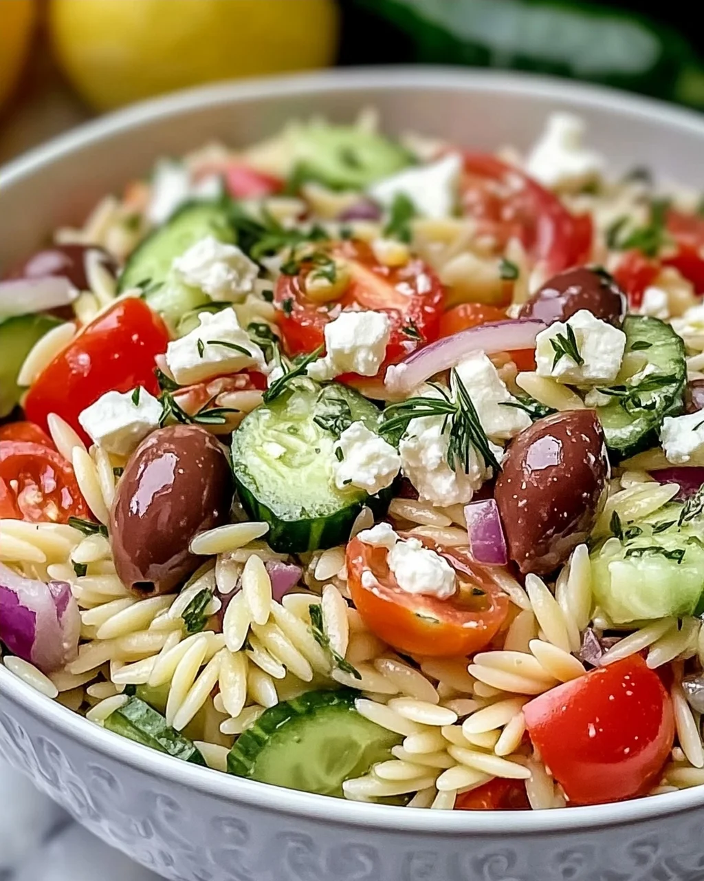 Schneller mediterraner Orzo-Pasta-Salat für heiße Tage