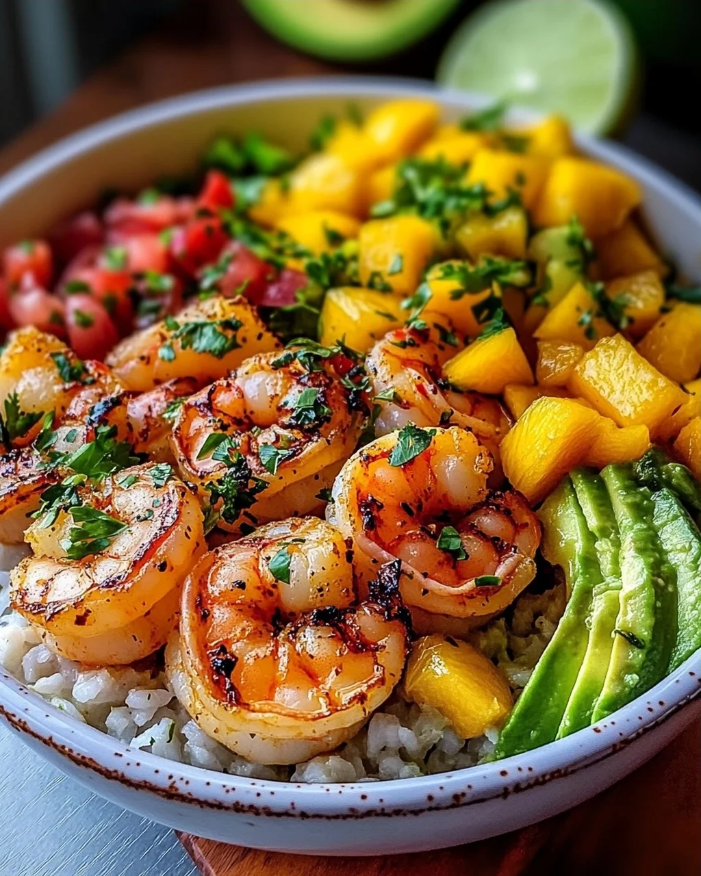 Shrimp-Avocado-Bowls mit Mango-Salsa und Limetten-Chili-Sauce