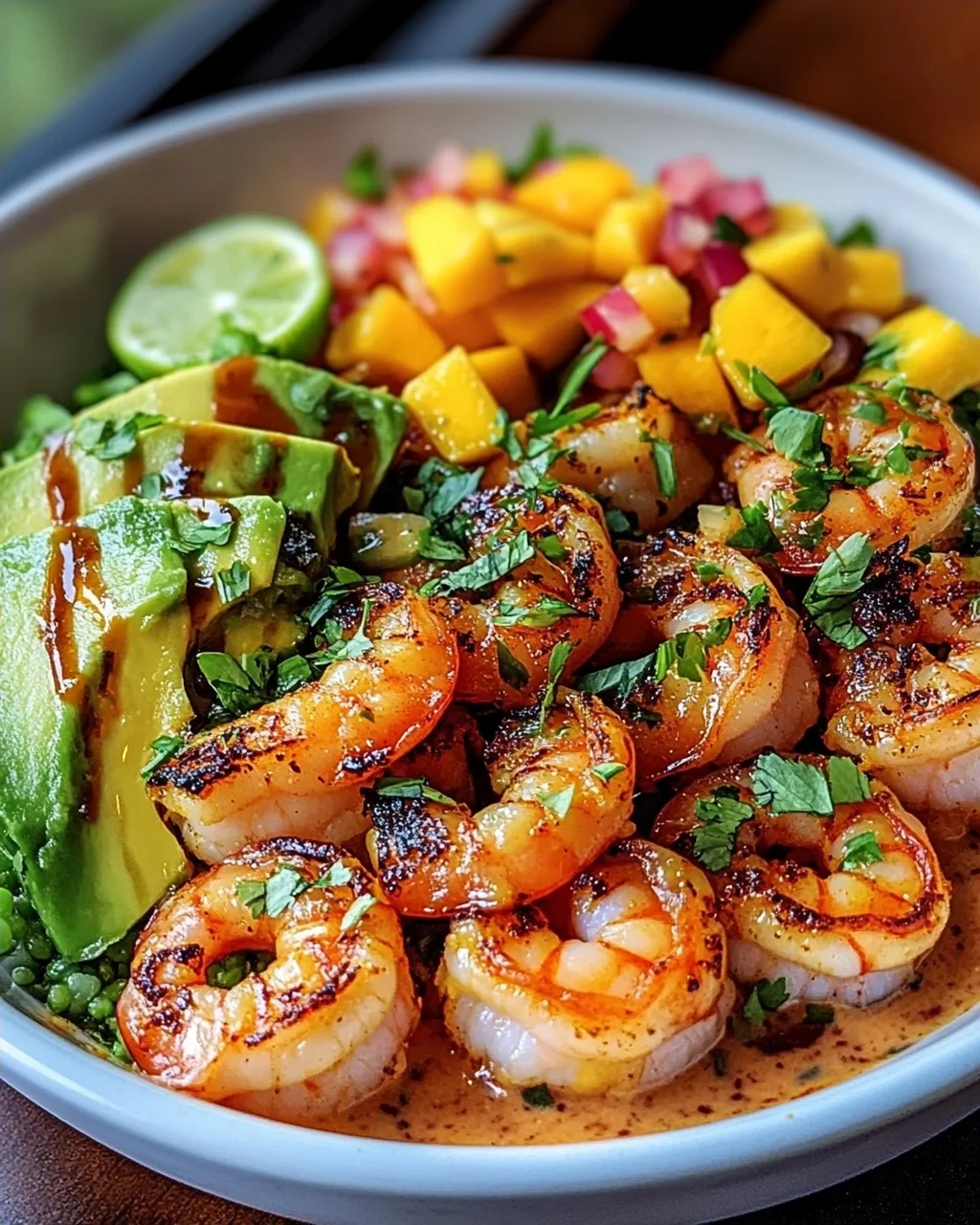 Shrimp-Avocado-Bowls mit Mango-Salsa und Limetten-Chili-Sauce
