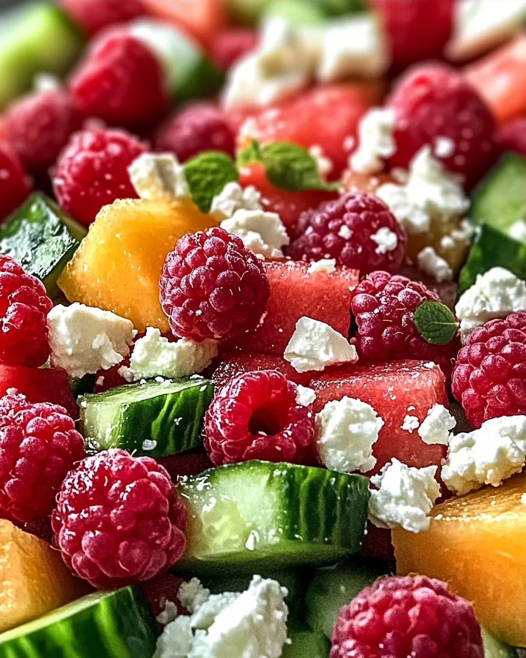 Sommersalat mit Melone, Gurke und Himbeeren