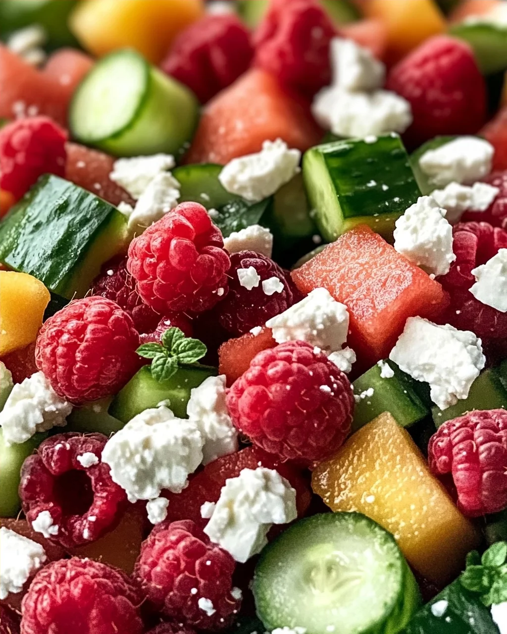 Sommersalat mit Melone, Gurke und Himbeeren