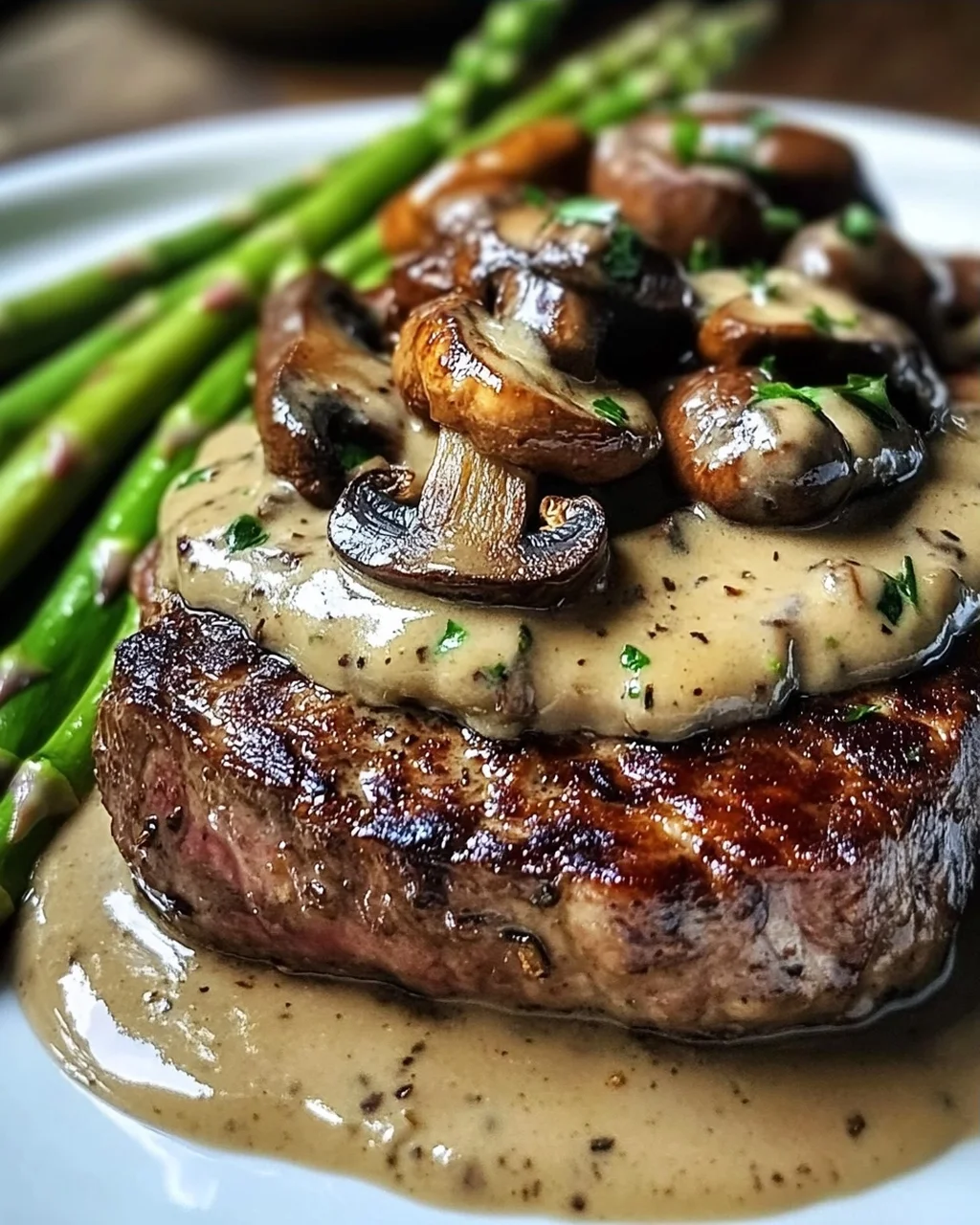 Steak mit cremiger Pilzsauce und Spargel genießen