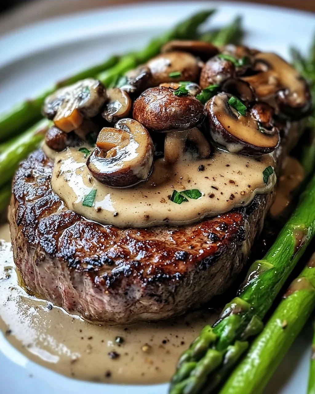 Steak mit cremiger Pilzsauce und Spargel genießen