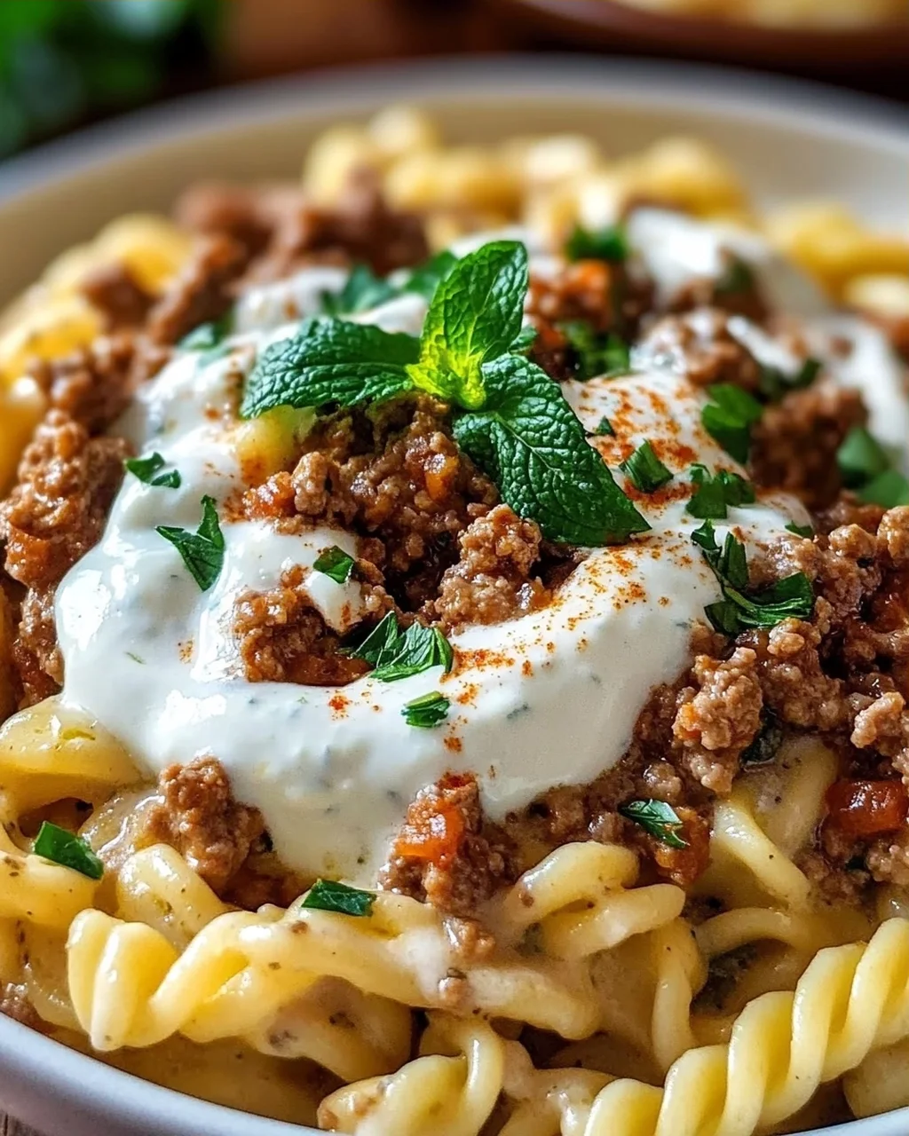 Türkische Pasta mit Hackfleisch und Joghurt-Sauce
