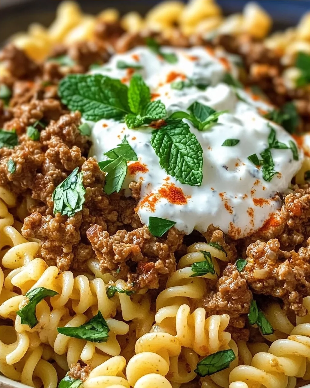 Türkische Pasta mit Hackfleisch und Joghurt-Sauce