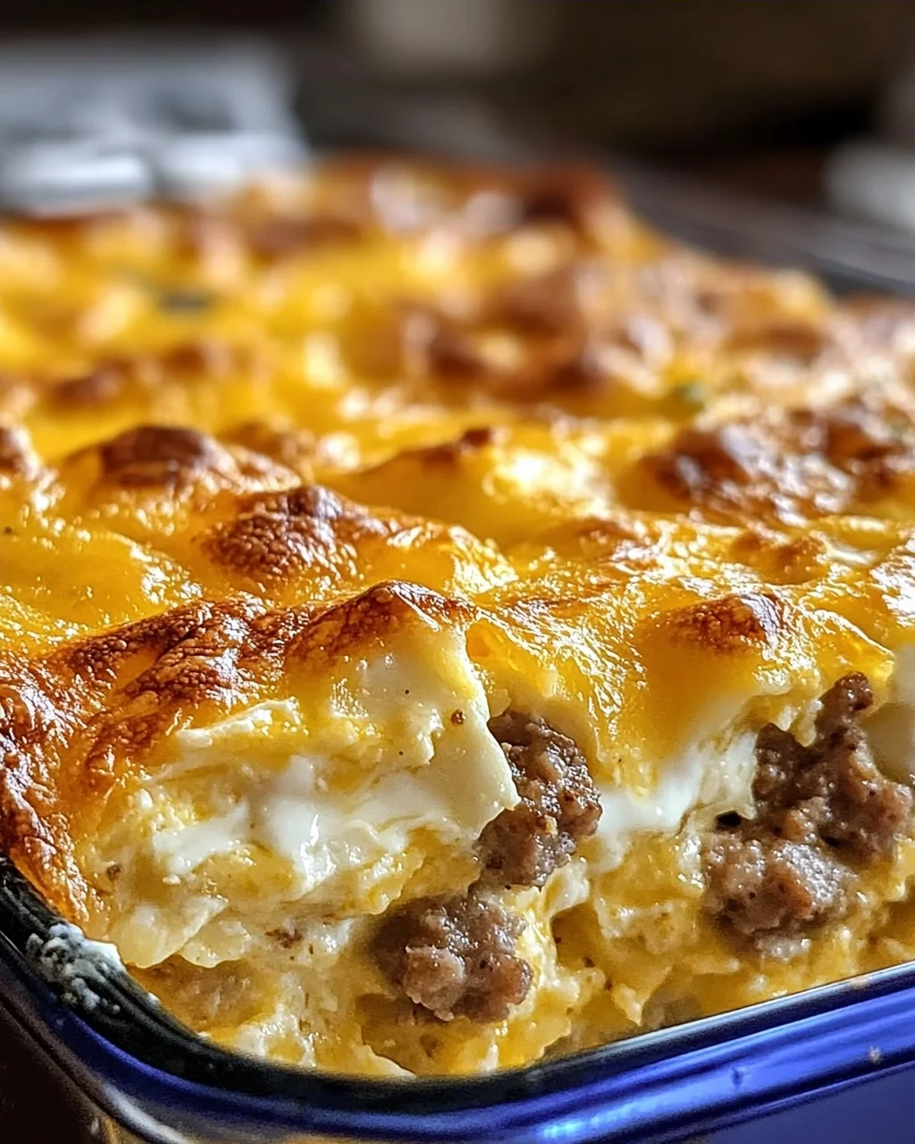 Wurst Eier und Frischkäse Rösti Auflauf für Frühstücksfreunde