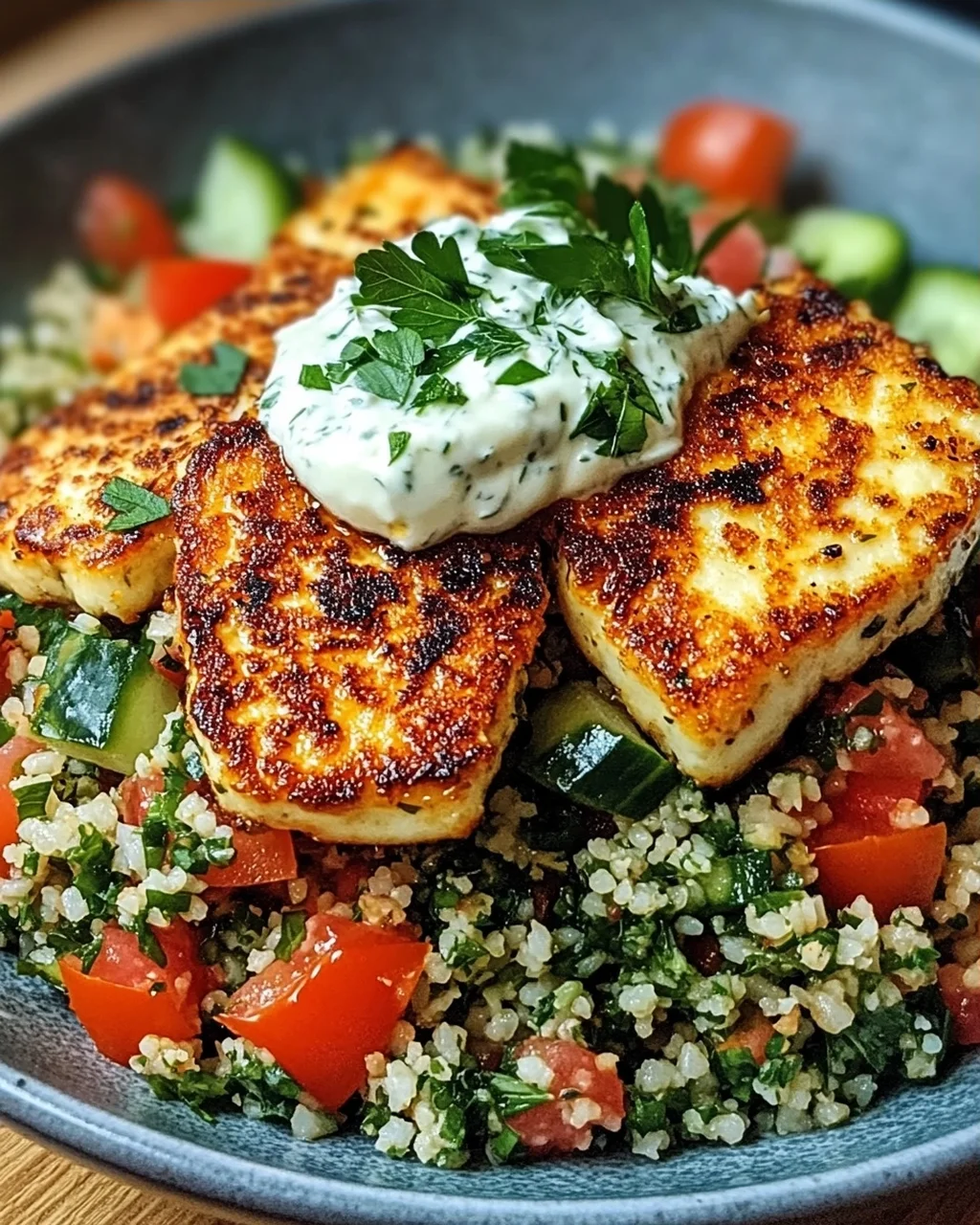 Würziger Halloumi mit Tabbouleh und Minzjoghurt