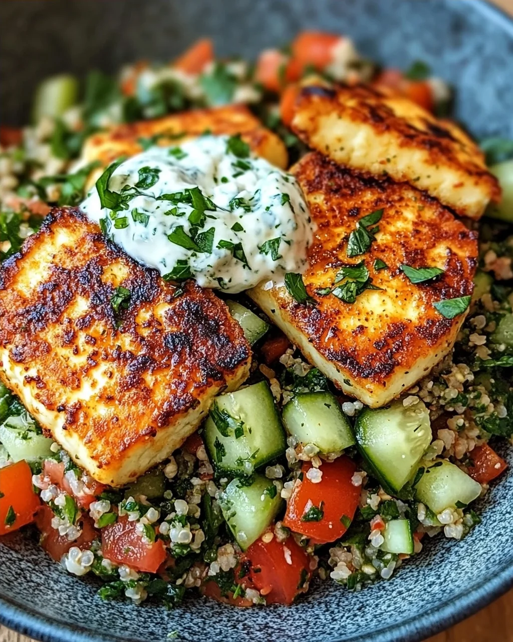 Würziger Halloumi mit Tabbouleh und Minzjoghurt