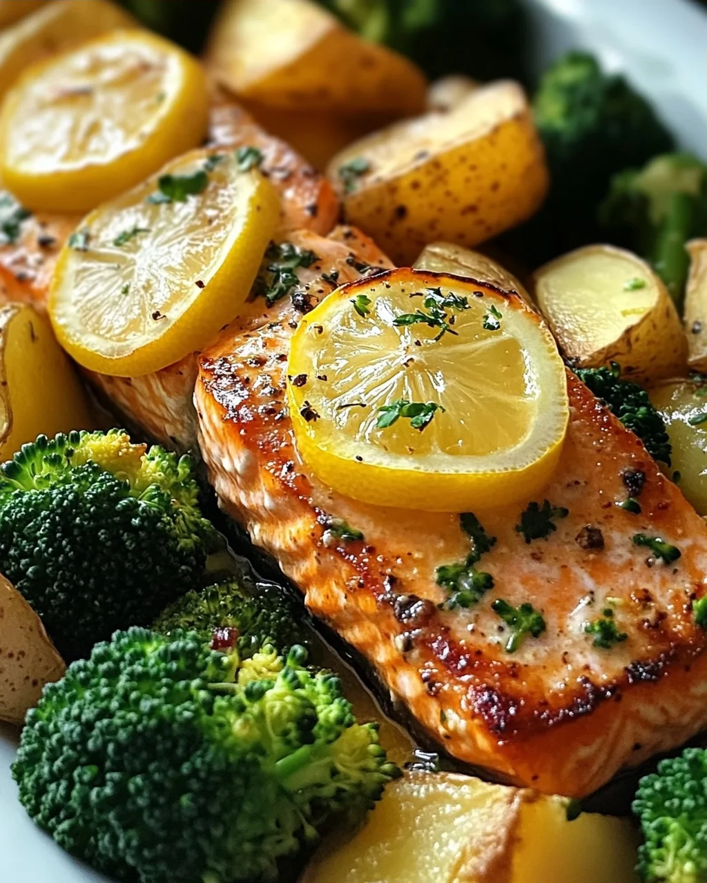 Zitronenbutterlachs mit knusprigen Kartoffeln und Brokkoli