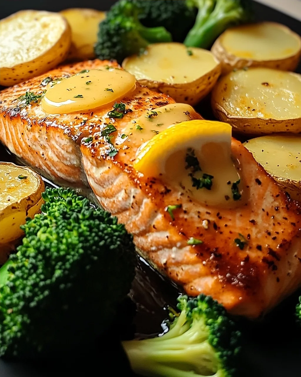 Zitronenbutterlachs mit knusprigen Kartoffeln und Brokkoli